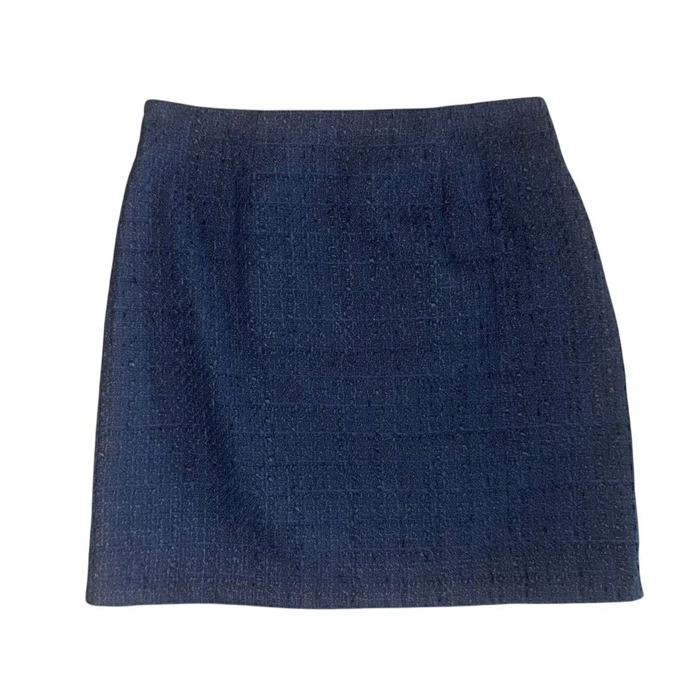 Loft Ann Taylor Navy Blue Tweed Gold Buttons Mini Pencil Skirt Lined Size 6